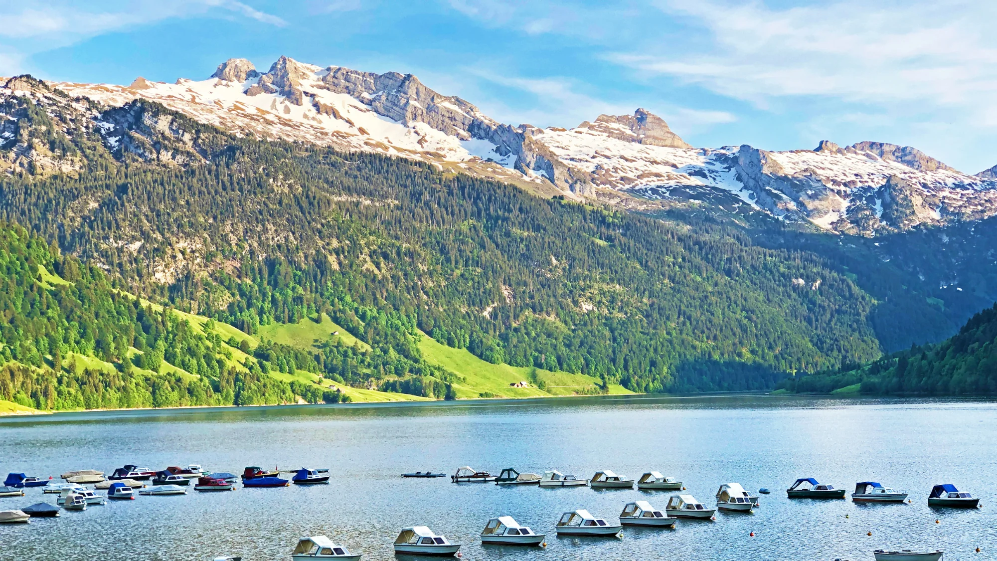 Boote am Ufer des Wägitalersees im Wägital