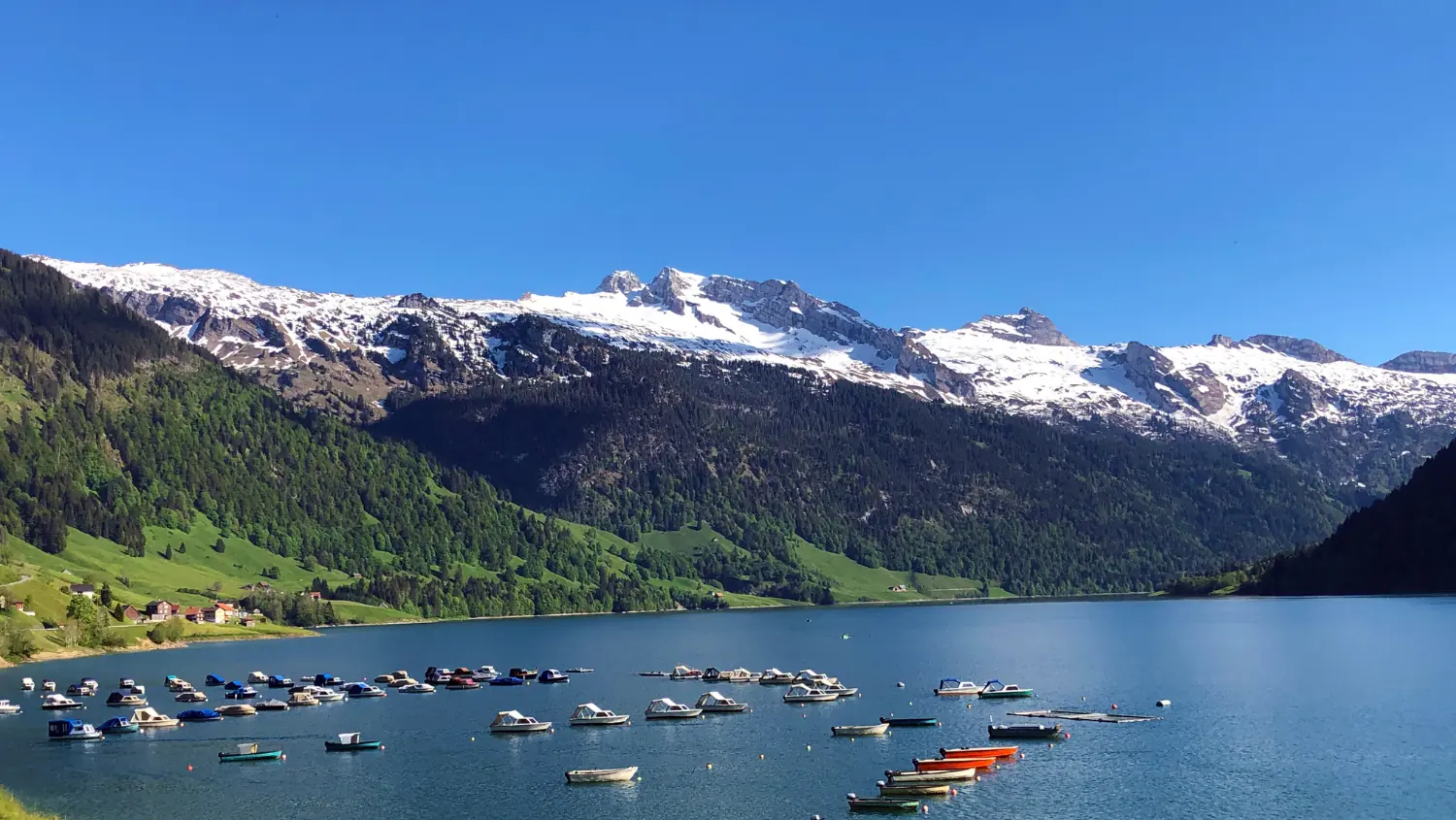 Barques sur le lac du Wägital, derrière elles les sommets enneigés au-dessus de la vallée
