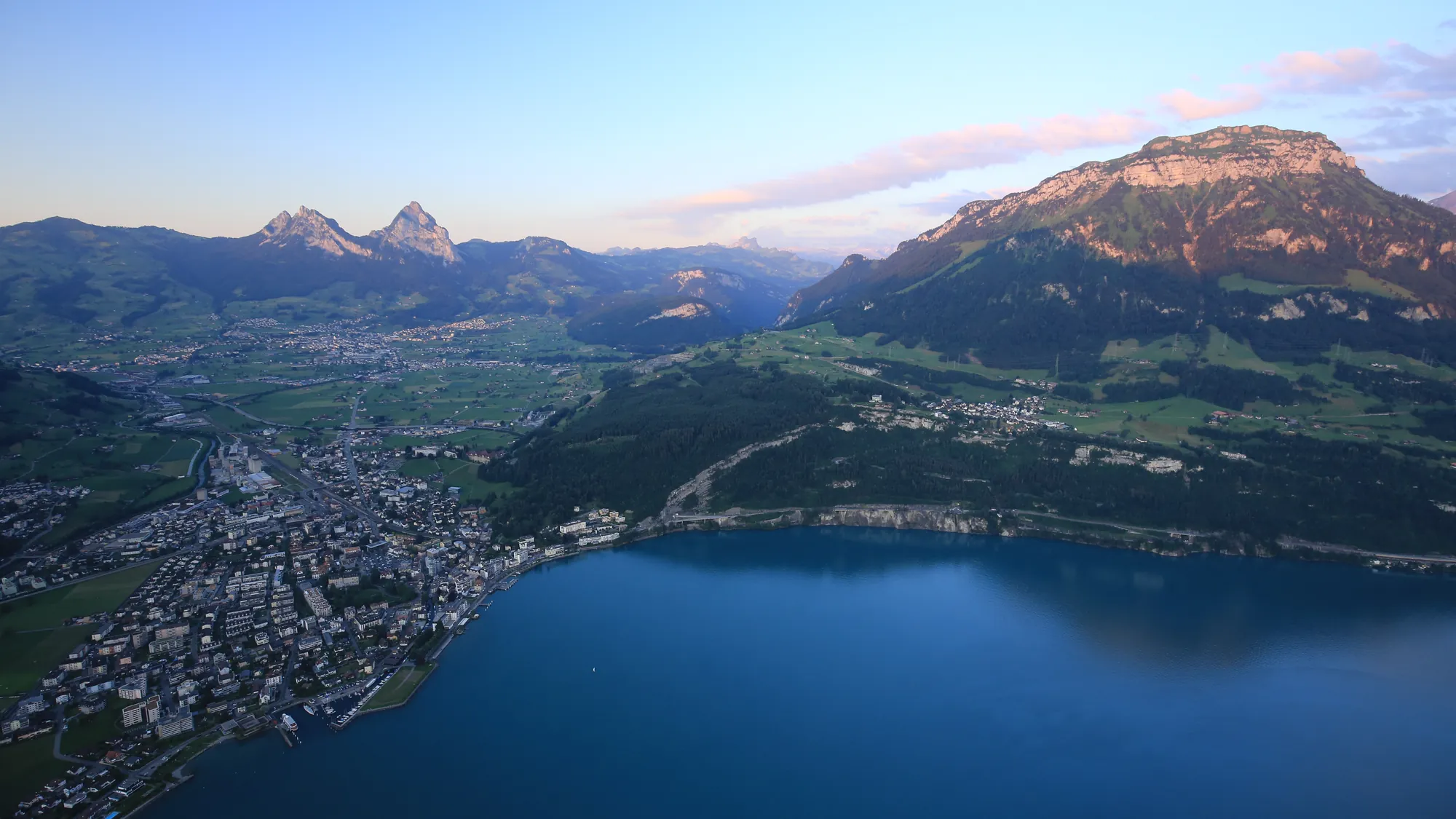 Brunnen on Lake Lucerne from the air, taken on a paragliding flight, with the two Mythen behind