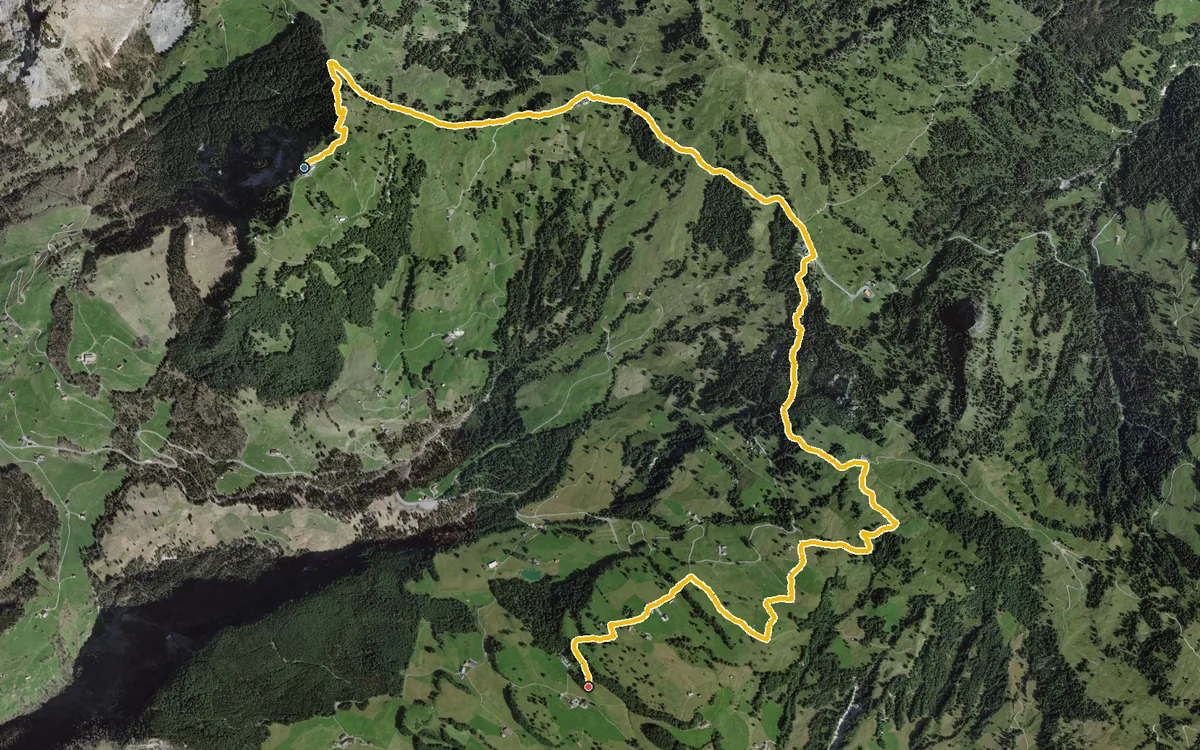 Luftbild mit eingezeichneter Route: Von der Rotenflue über die Ibergeregg nach Illgau