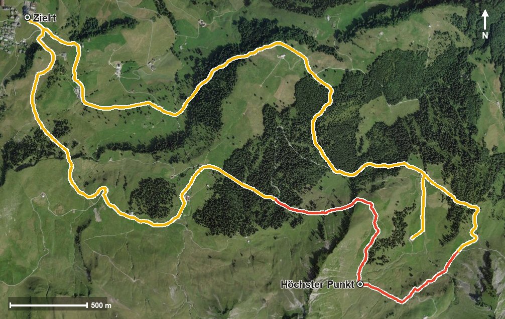 Luftbild mit eingezeichneter Route: Alpchäsweg