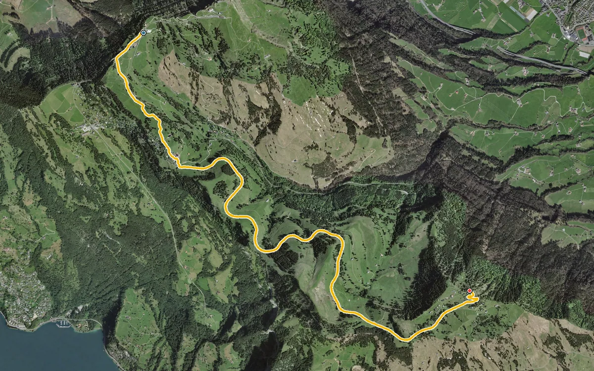 Vista aerea con il percorso tracciato: Da Rigi Staffel a Rigi Scheidegg