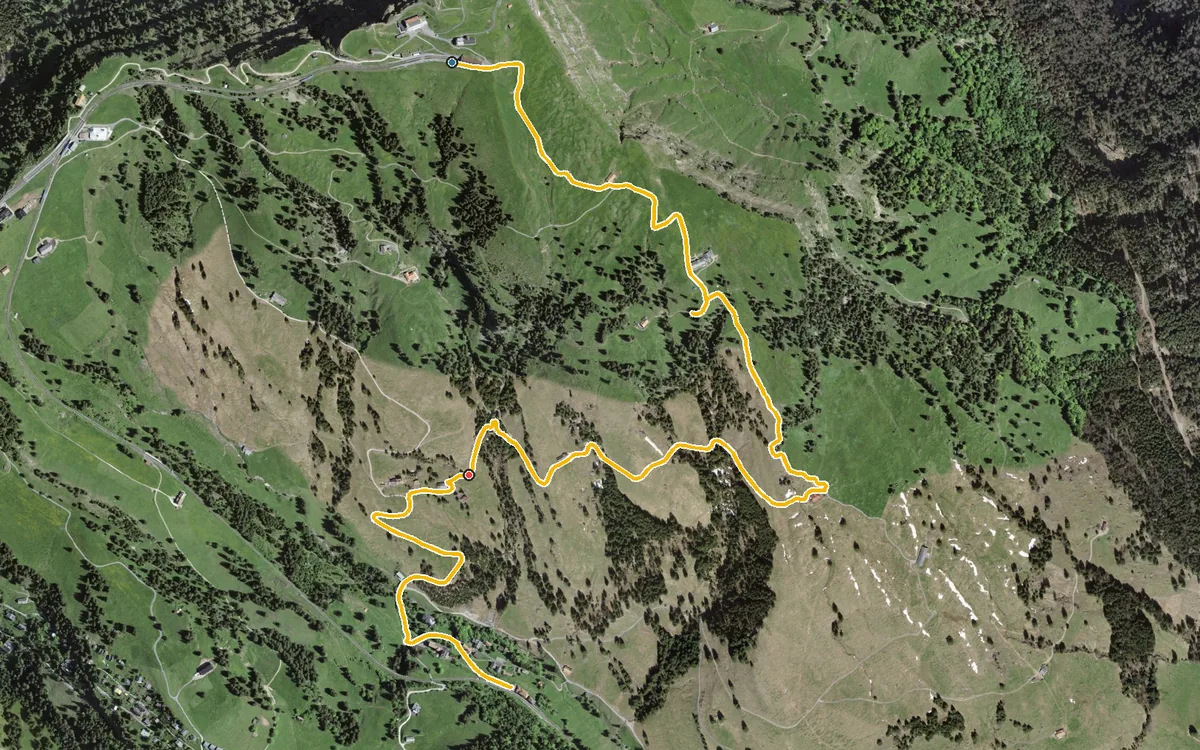 Vista aerea con il percorso tracciato: Da Rigi Kulm a Rigi Klösterli per i pascoli alpini