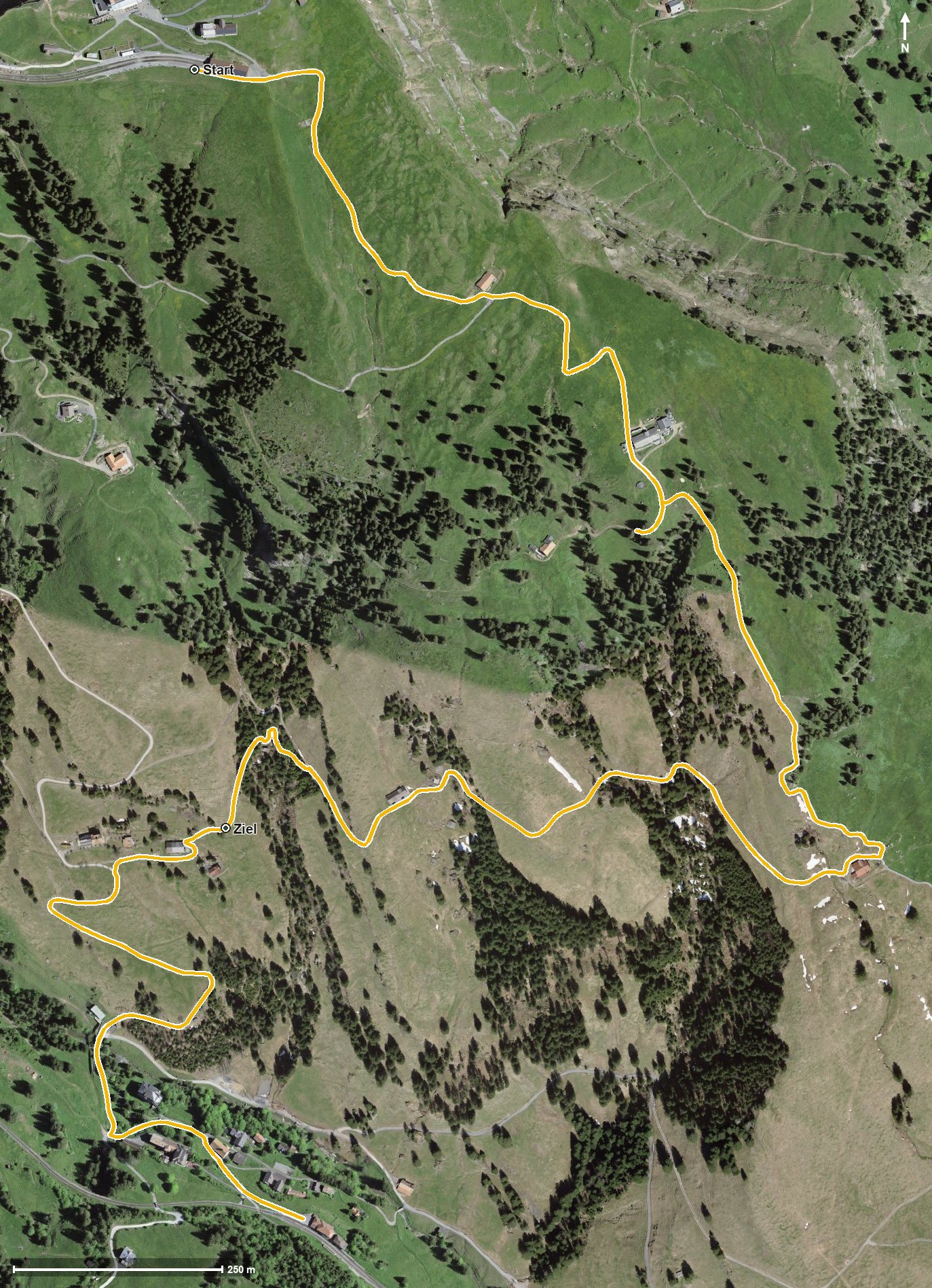 Luftbild mit eingezeichneter Route: Alpgenussweg: Rigi Kulm - Alp Chäserenholz - Schwändi - Alp Trieb - Rigi Klösterli