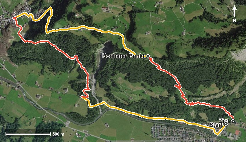 Luftbild mit eingezeichneter Route: Alte Wege in waldigen Hängen
