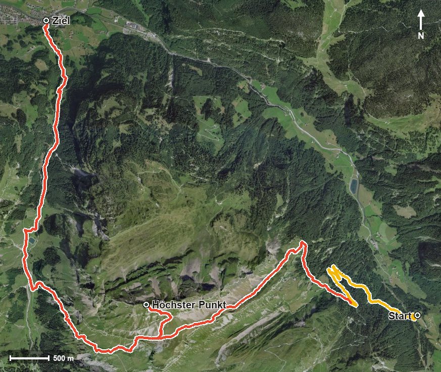 Luftbild mit eingezeichneter Route: Auf den Muotataler Hausberg