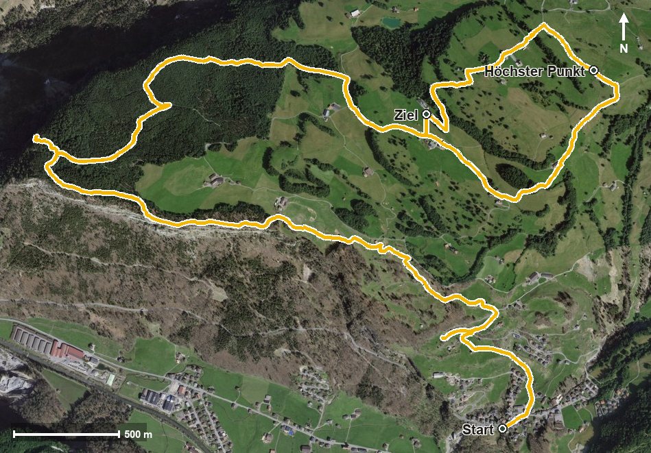 Luftbild mit eingezeichneter Route: Aussicht Wander-Walkingtrail Illgau