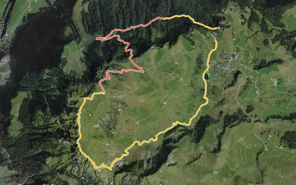 Vista aerea con il percorso tracciato: Anello da Stoos per le Furggelen