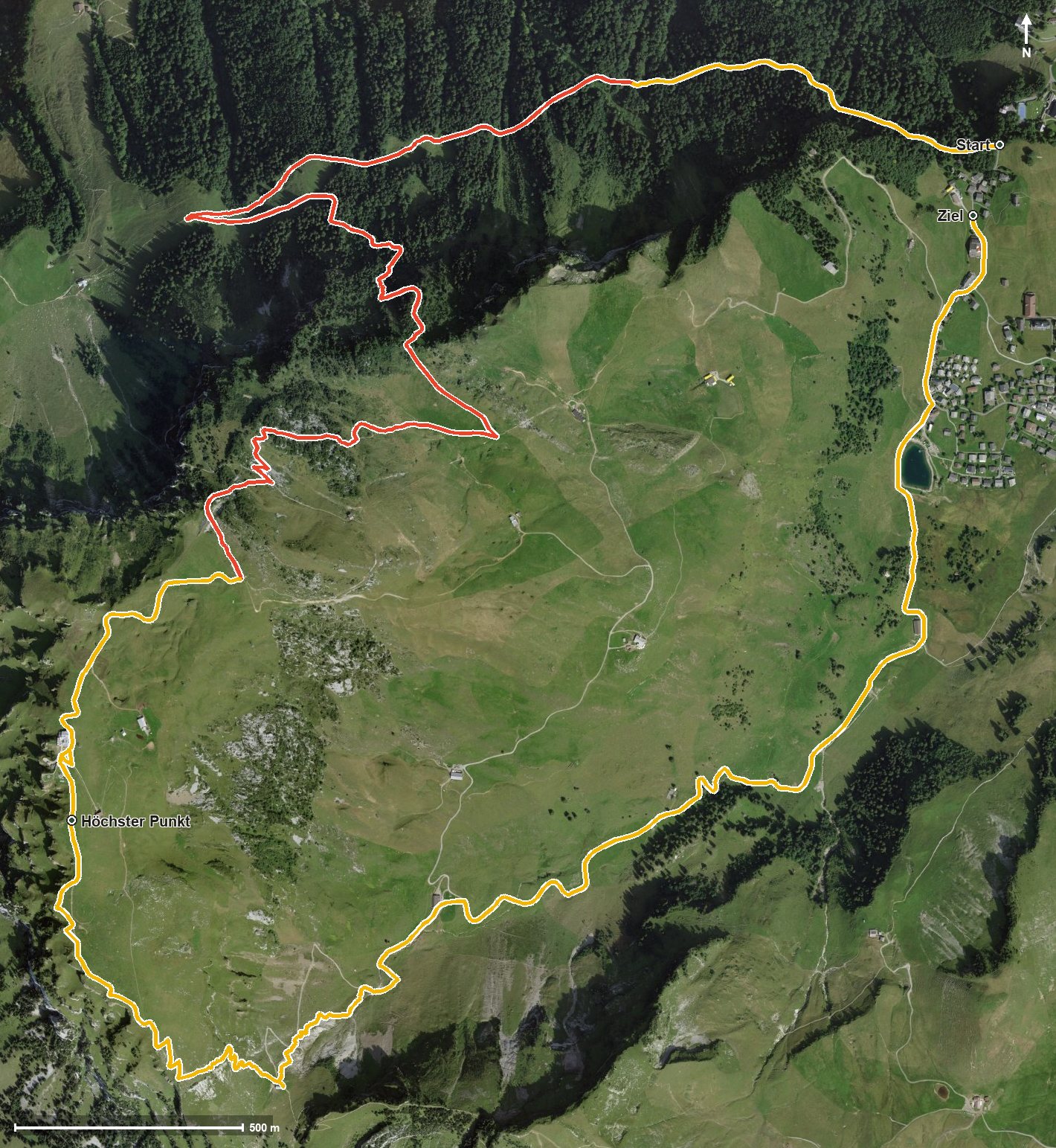 Luftbild mit eingezeichneter Route: Aussichtsweg Stoos