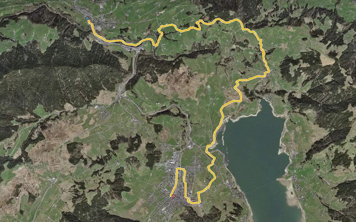 Vista aerea con il percorso tracciato: Da Schindellegi a Einsiedeln per l’Etzel