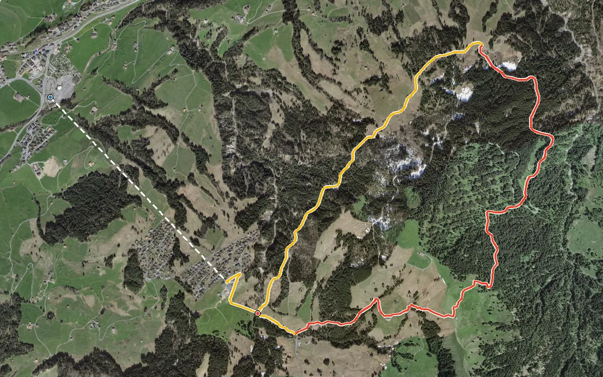 Vista aerea con il percorso tracciato: Da Sattel all’Herrenboden per il Mostelberg