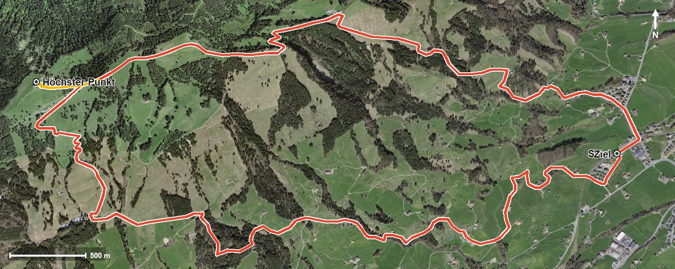 Luftbild mit eingezeichneter Route: Bergwanderung Wildspitz