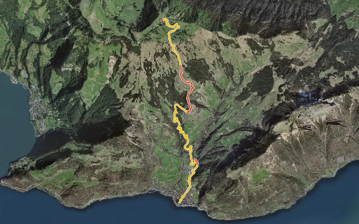 Vista aerea con il percorso tracciato: Da Gersau in salita a Rigi Scheidegg