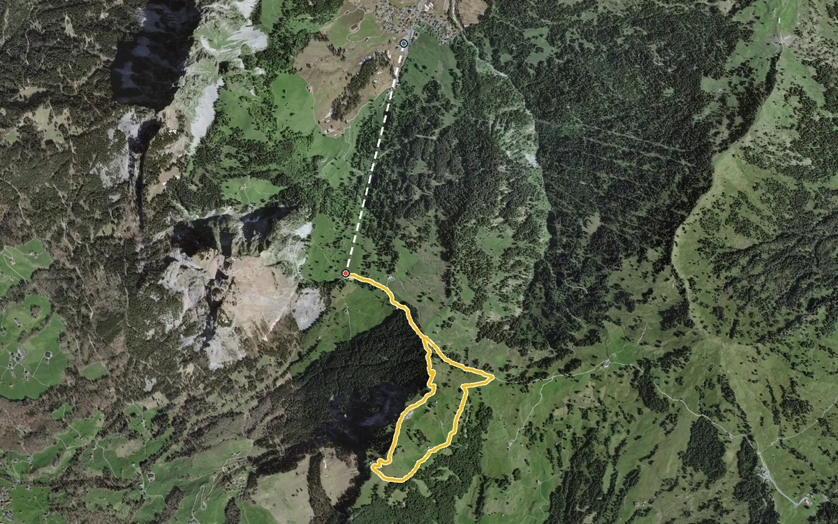 Vista aerea con il percorso tracciato: Da Brunni, nell’Alptal, alla Rotenflue