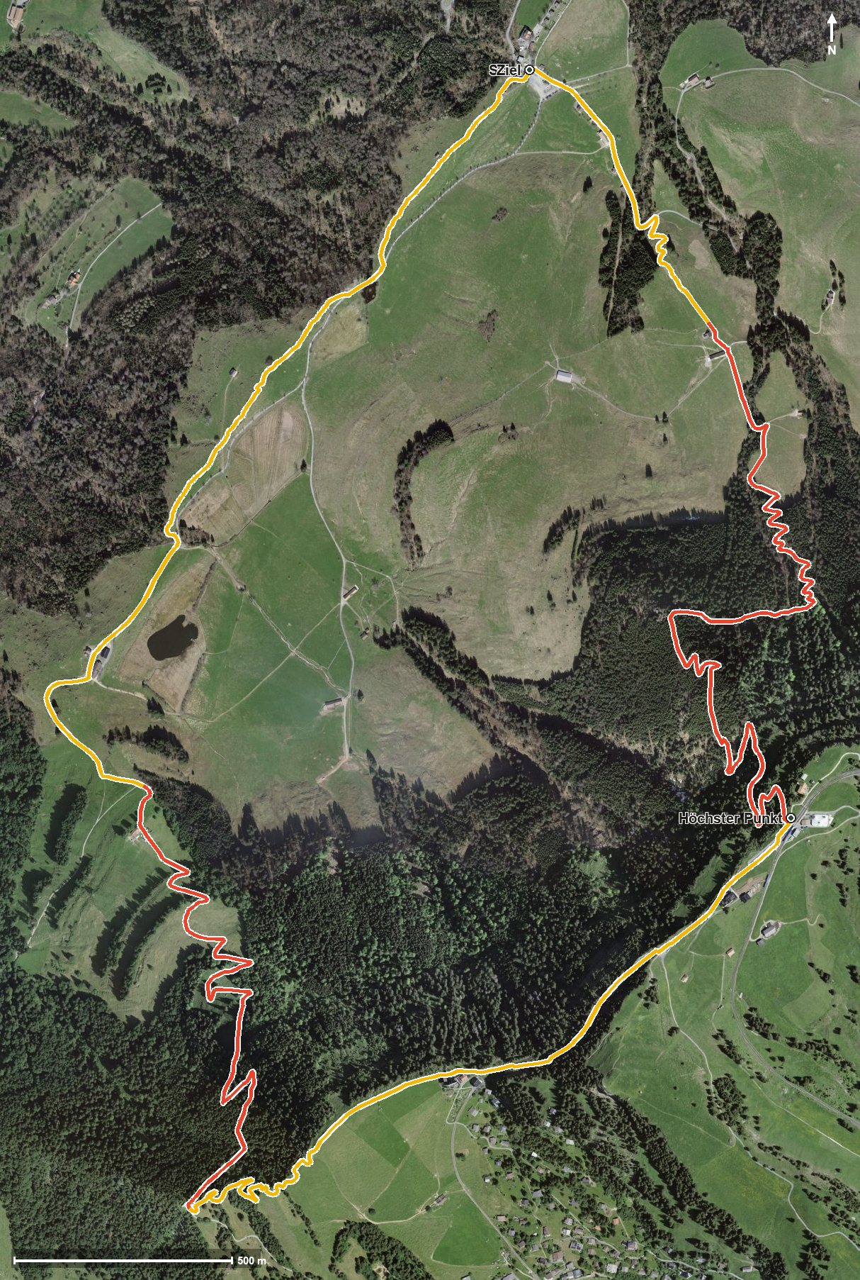 Luftbild mit eingezeichneter Route: Chänzeli-Wanderung