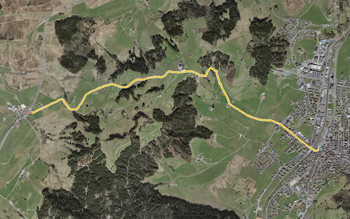 Vista aerea con il percorso tracciato: Da Einsiedeln a Rothenthurm per il Katzenstrick