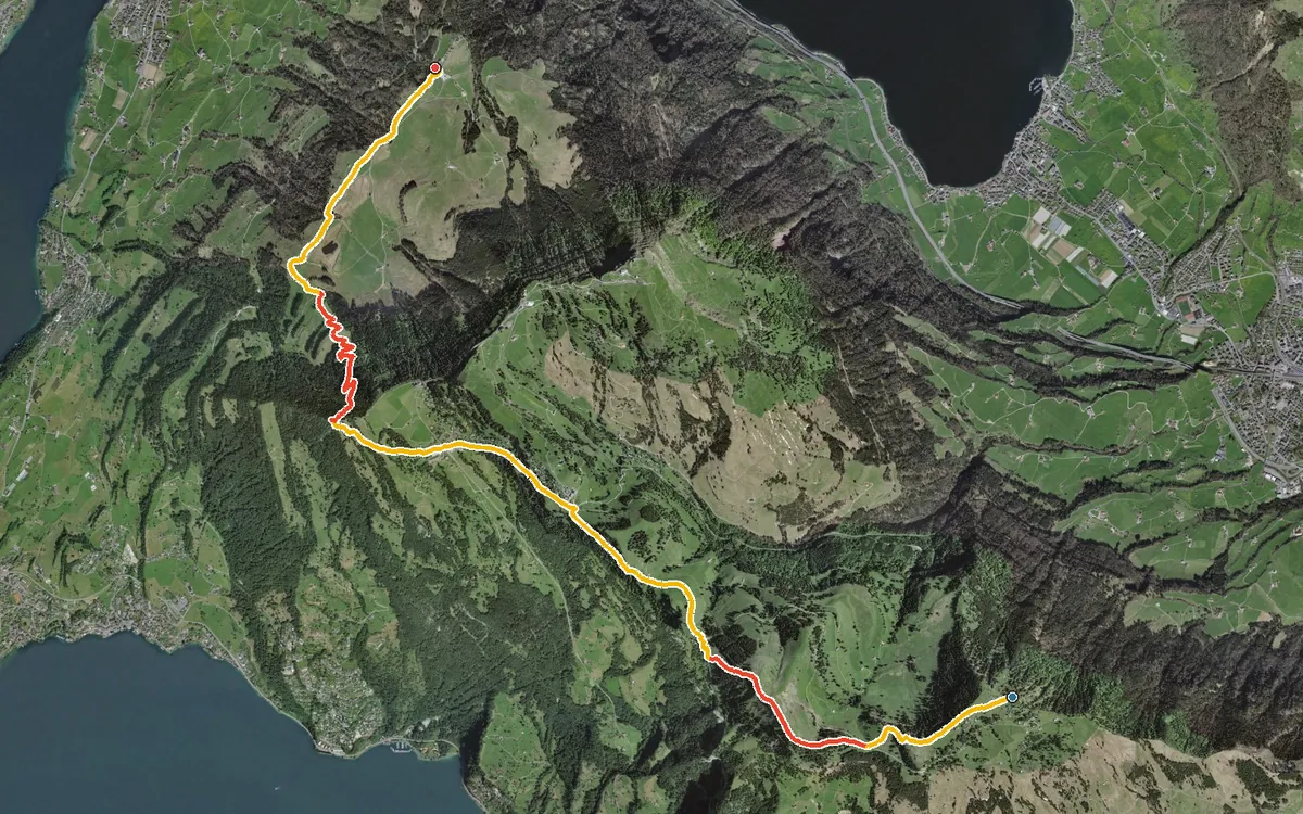 Vista aerea con il percorso tracciato: Da Rigi Scheidegg alla Seebodenalp