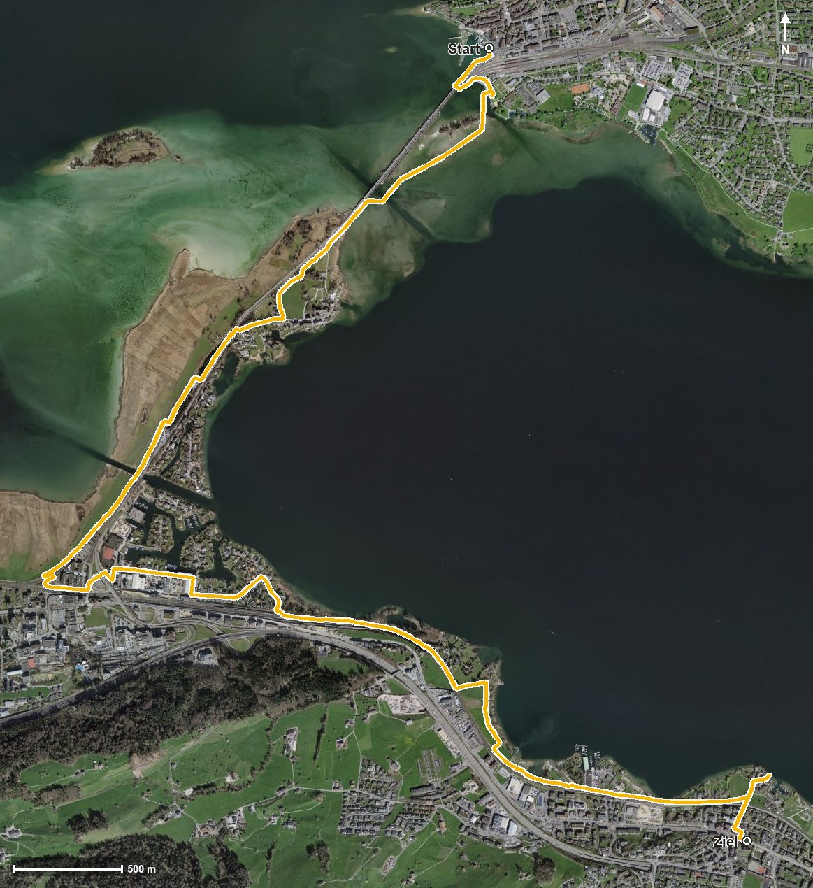 Luftbild mit eingezeichneter Route: Erlebnisweg Obersee: Rapperswil - Altendorf