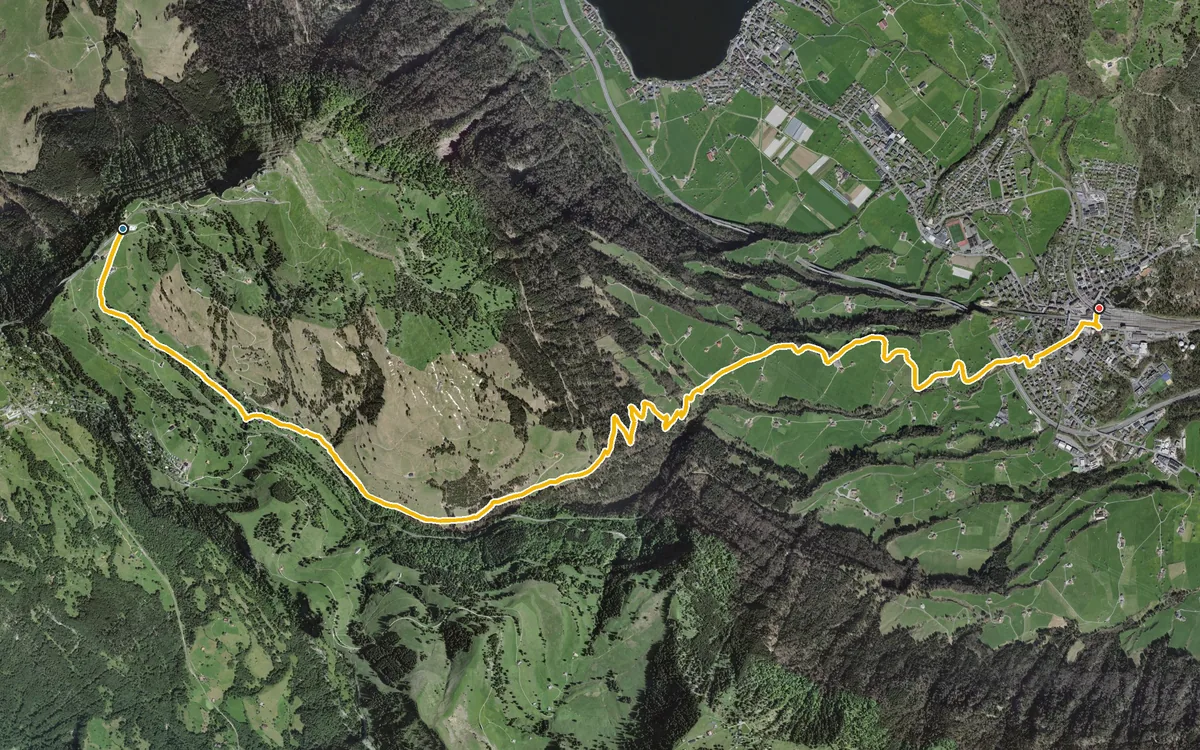 Vista aerea con il percorso tracciato: Da Rigi Staffel in discesa a Goldau