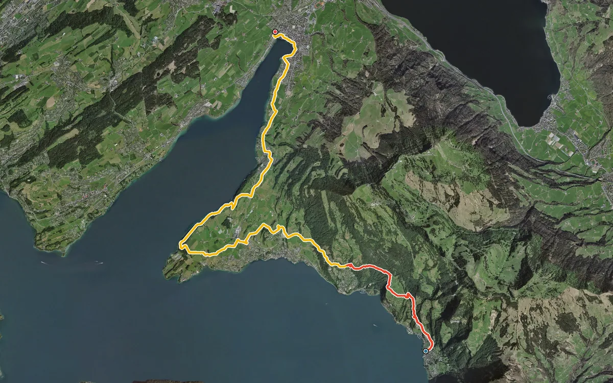 Vista aerea con il percorso tracciato: Da Vitznau a Küssnacht am Rigi lungo la riva
