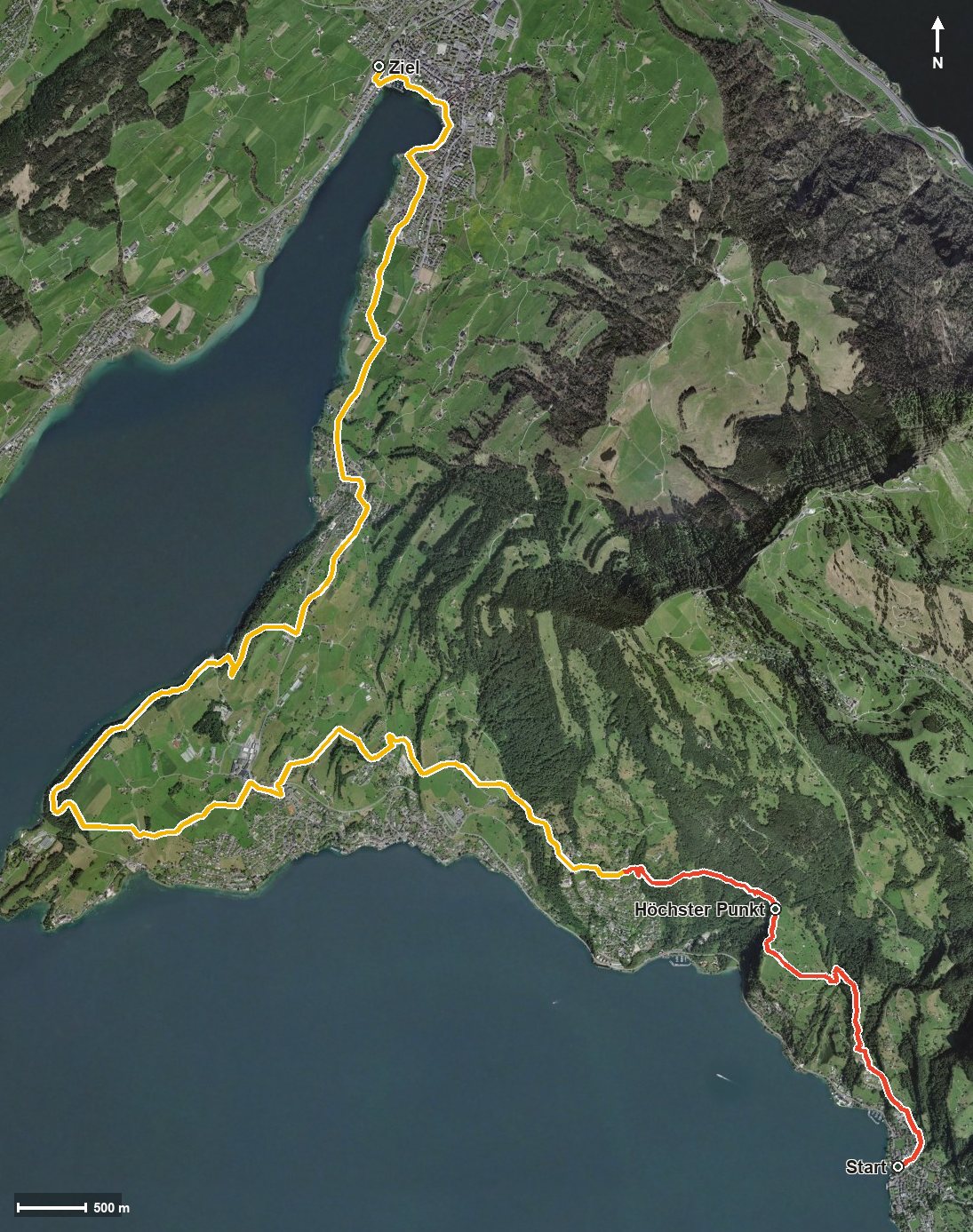 Luftbild mit eingezeichneter Route: Waldstätterweg Etappe 2: Vitznau - Küssnacht