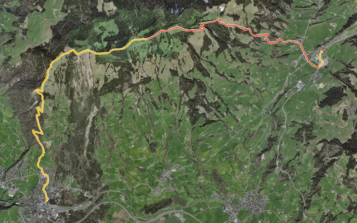Vista aerea con il percorso tracciato: Da Goldau a Sattel per il Gnipen e il Wildspitz