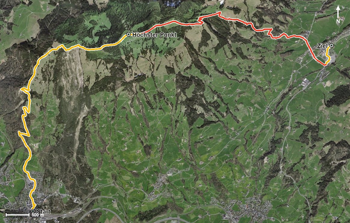 Luftbild mit eingezeichneter Route: Schwyzer Höhenweg Etappe 3: Goldau – Sattel