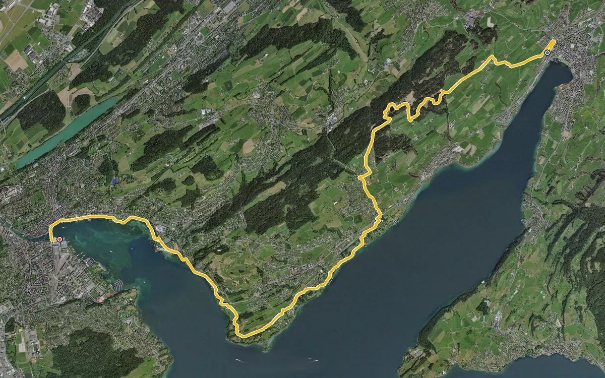 Vista aerea con il percorso tracciato: Da Küssnacht am Rigi a Lucerna