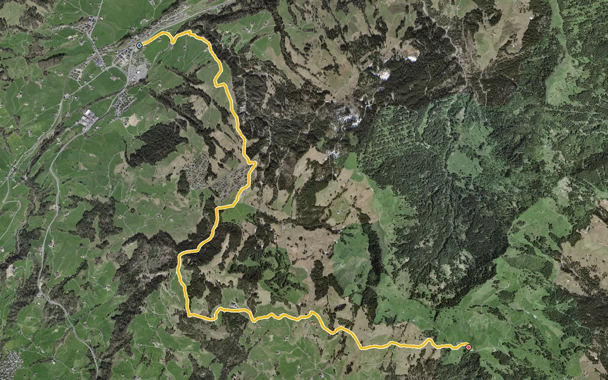 Vista aerea con il percorso tracciato: Da Sattel alla Haggenegg per il Mostelberg