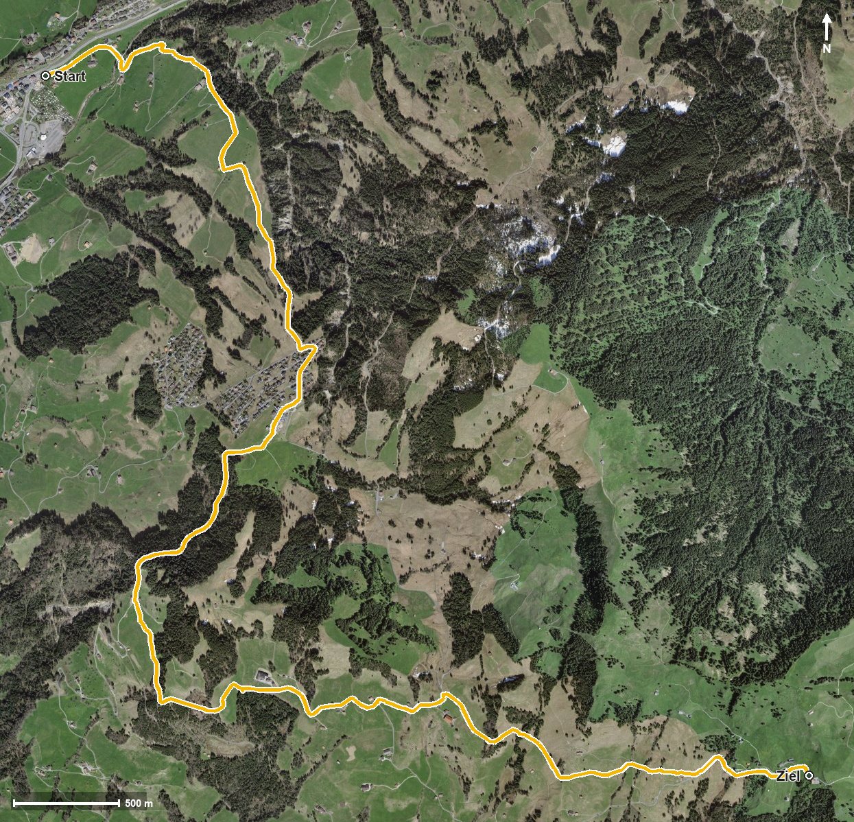 Luftbild mit eingezeichneter Route: Schwyzer Höhenweg Etappe 4: Sattel – Holzegg