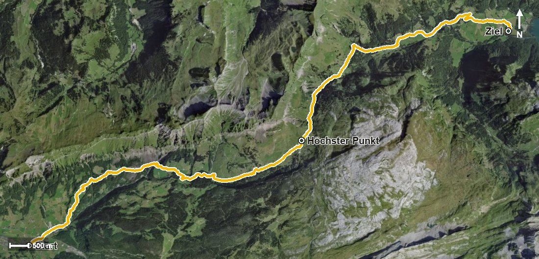 Luftbild mit eingezeichneter Route: ViaSuworow Etappe 7: Muotathal – Hinter Klöntal