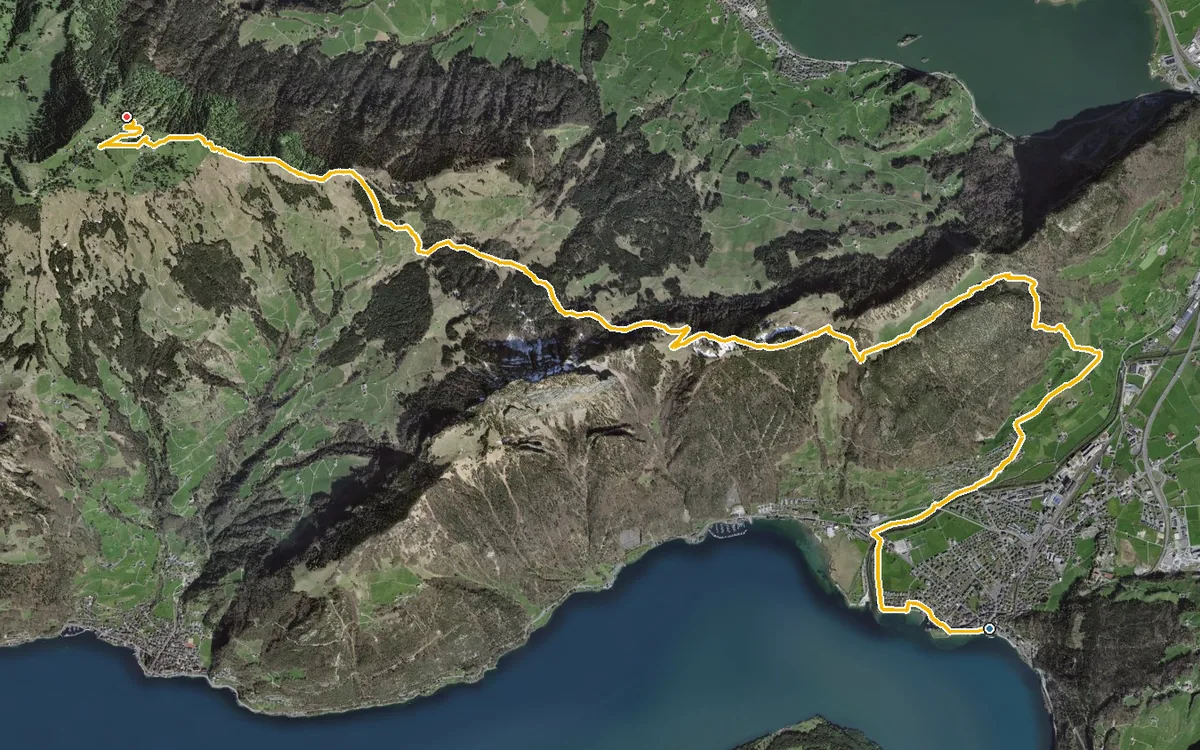 Vista aerea con il percorso tracciato: Da Brunnen a Rigi Scheidegg