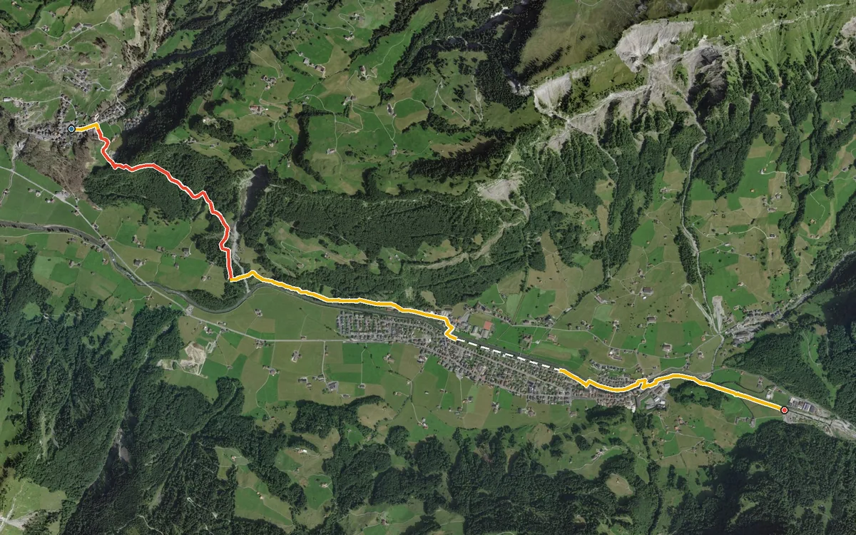 Vista aerea con il percorso tracciato: Da Illgau in discesa a Muotathal