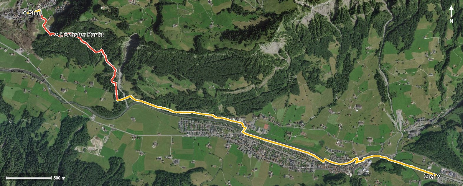 Luftbild mit eingezeichneter Route: Etappe: Illgau - Muotathal | Schwyzer Tal- &amp; Gipfeltour