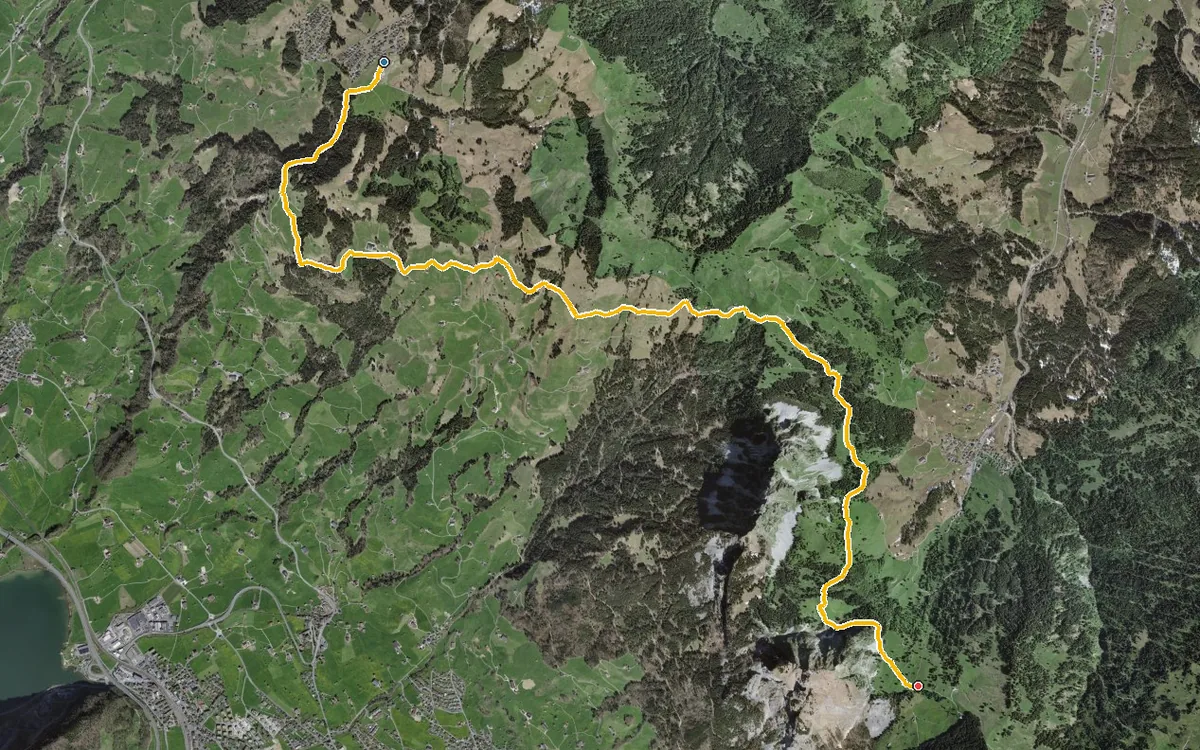 Vista aerea con il percorso tracciato: Dal Mostelberg alla Holzegg per la Haggenegg