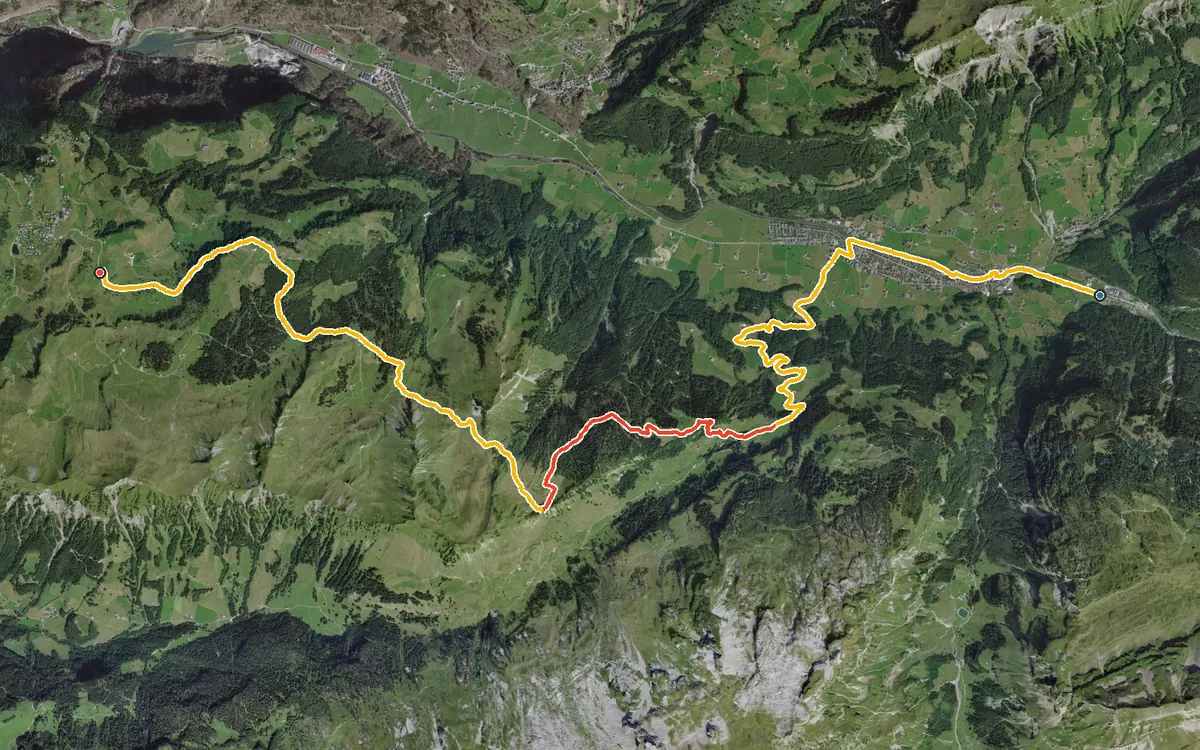 Vista aerea con il percorso tracciato: Da Muotathal a Morschach per il Wannentritt