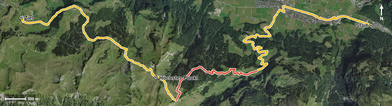 Luftbild mit eingezeichneter Route: Etappe: Muotathal - Wannentritt - Stoos | Schwyzer Tal- &amp; Gipfeltour