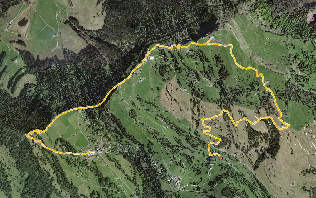 Vista aerea con il percorso tracciato: Da Rigi Kaltbad a Rigi Klösterli per il Rigi Kulm