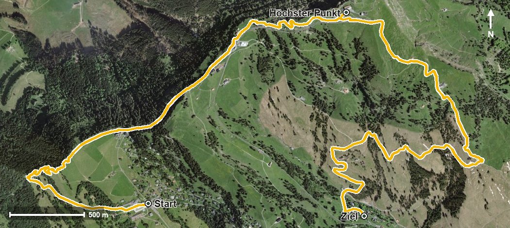 Luftbild mit eingezeichneter Route: Etappe: Rigi Kaltbad - Staffel - Klösterli | Schwyzer Tal- &amp; Gipfeltour
