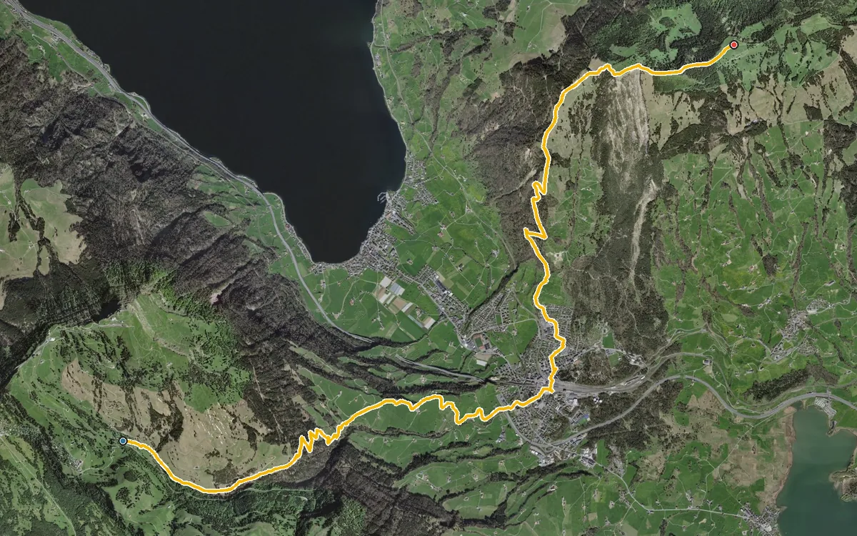 Vista aerea con il percorso tracciato: Da Rigi Klösterli al Wildspitz per Goldau
