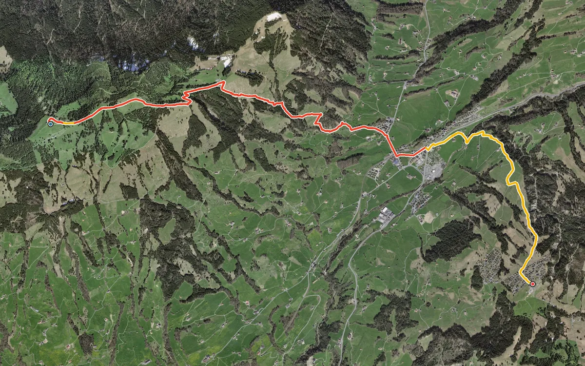 Vista aerea con il percorso tracciato: Dal Wildspitz al Mostelberg per Sattel