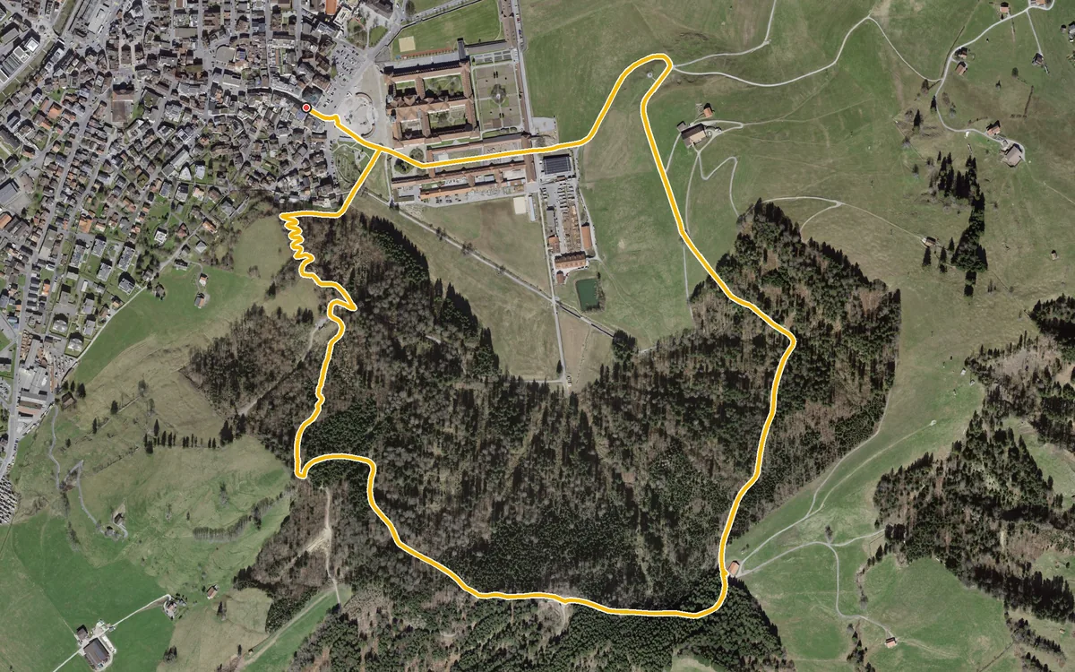 Vista aerea con il percorso tracciato: Breve anello in quota dall’abbazia di Einsiedeln