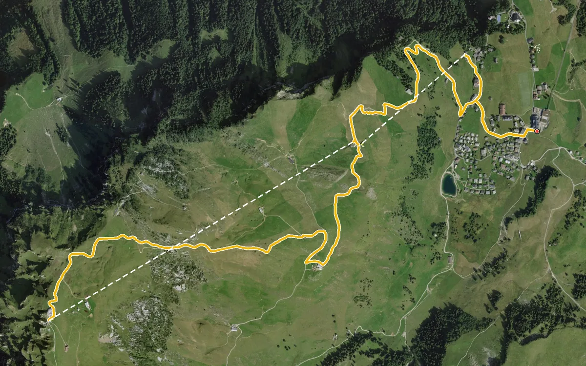 Vista aerea con il percorso tracciato: Anello dal villaggio di Stoos al Fronalpstock