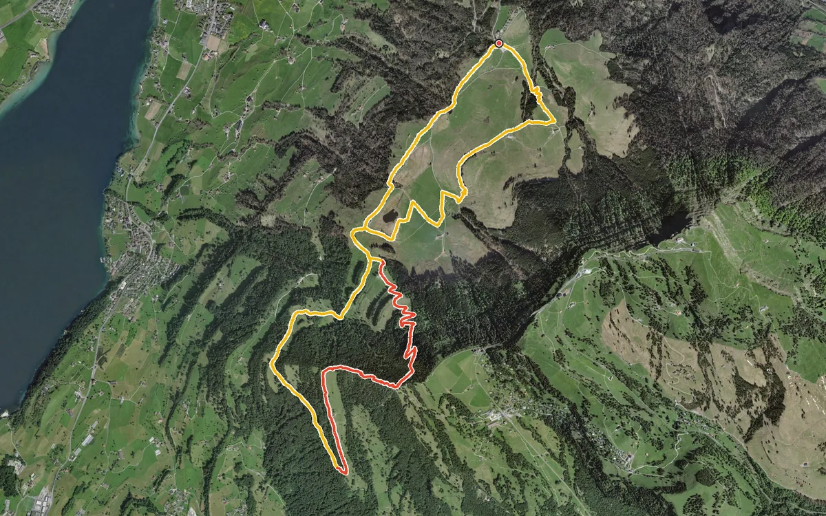 Vista aerea con il percorso tracciato: Anello dalla Seebodenalp
