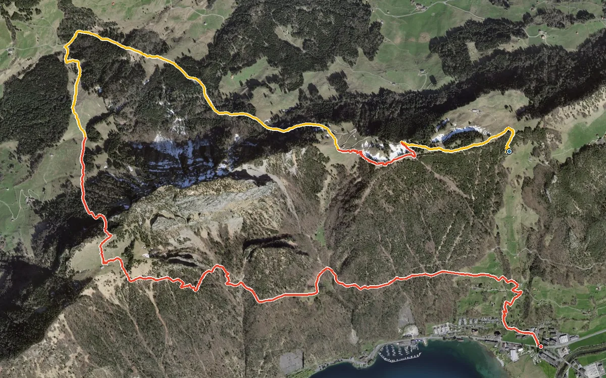 Vista aerea con il percorso tracciato: Dall’Urmiberg a Brunnen per il passo Gätterli
