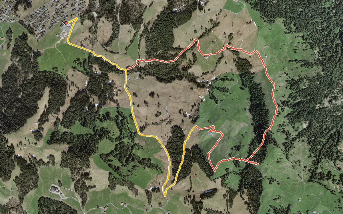 Luftbild mit eingezeichneter Route: Rundwanderung ab dem Mostelberg über die Banegg