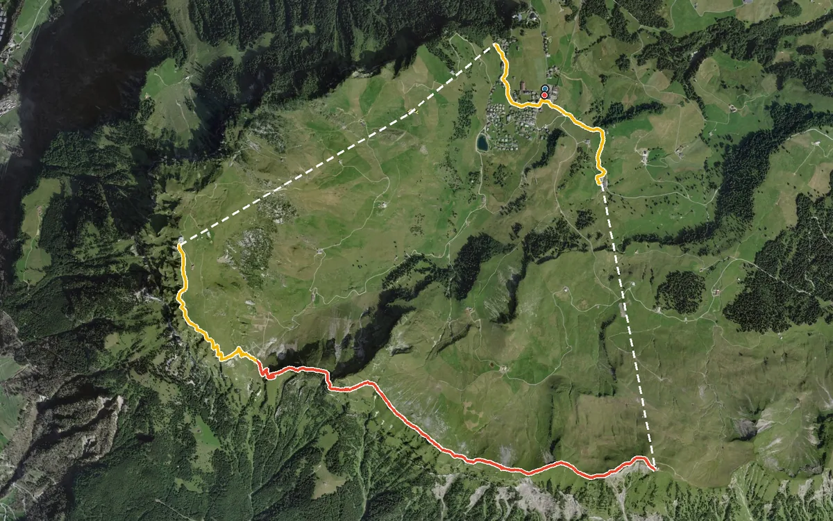 Luftbild mit eingezeichneter Route: Gratrunde ab Stoos über Chlingenstock und Huser Stock
