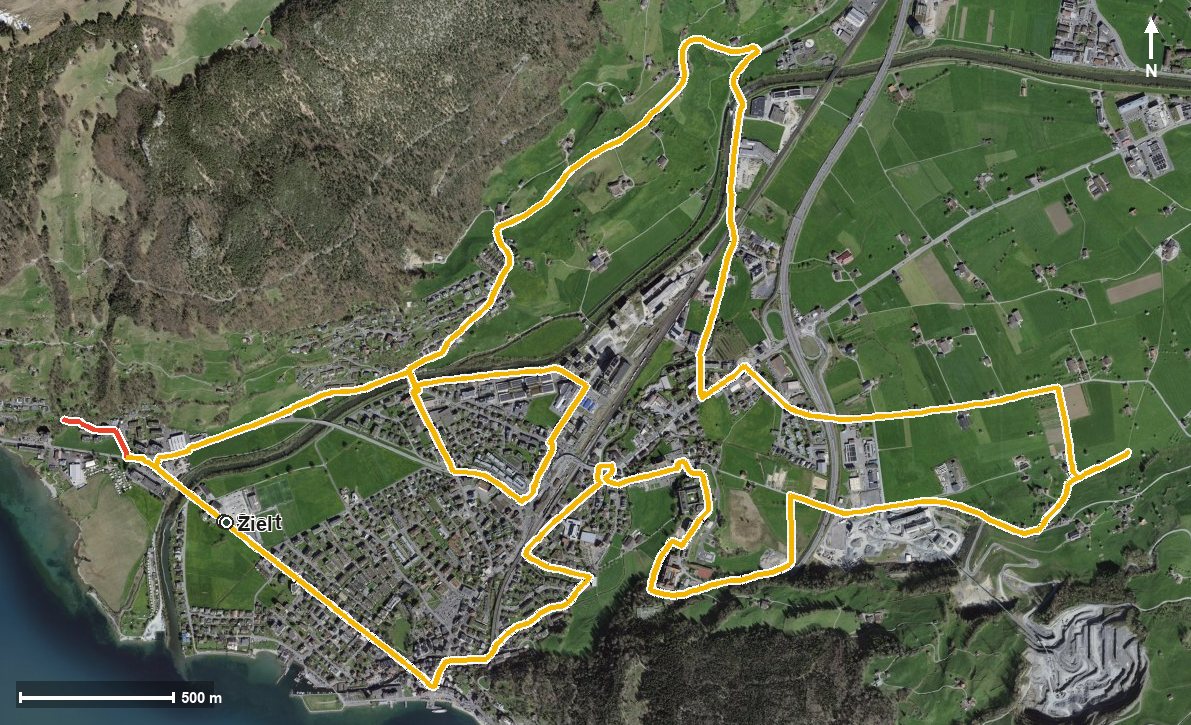 Luftbild mit eingezeichneter Route: Grosser Kulturweg Ingenbohl-Brunnen