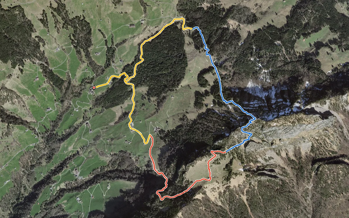 Luftbild mit eingezeichneter Route: Auf die Hochflue ab Obergschwend