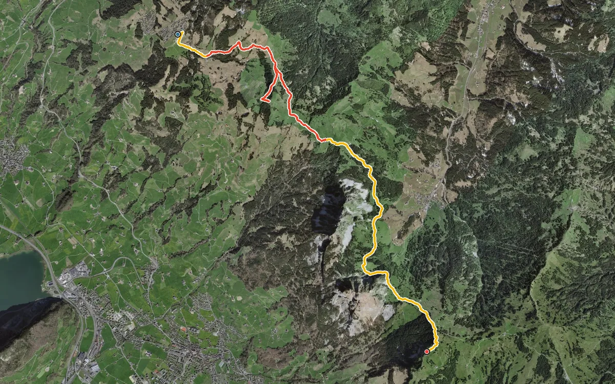Vista aerea con il percorso tracciato: Dal Mostelberg alla Rotenflue per la Haggenegg